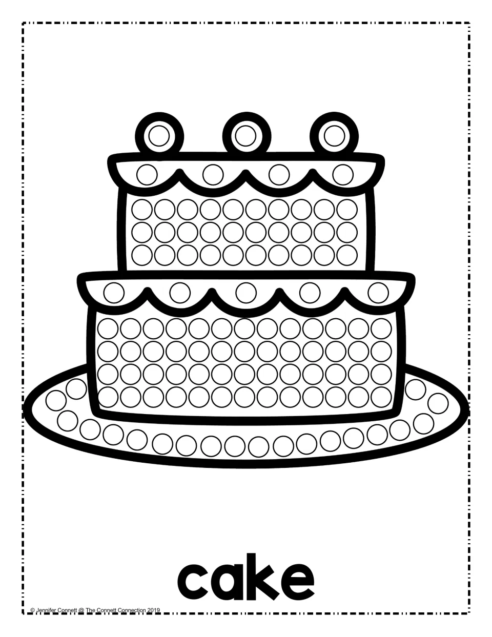 Cake dot painting: students fill rows of circles on a two-tier cake on a plate, topped with three round decorations
