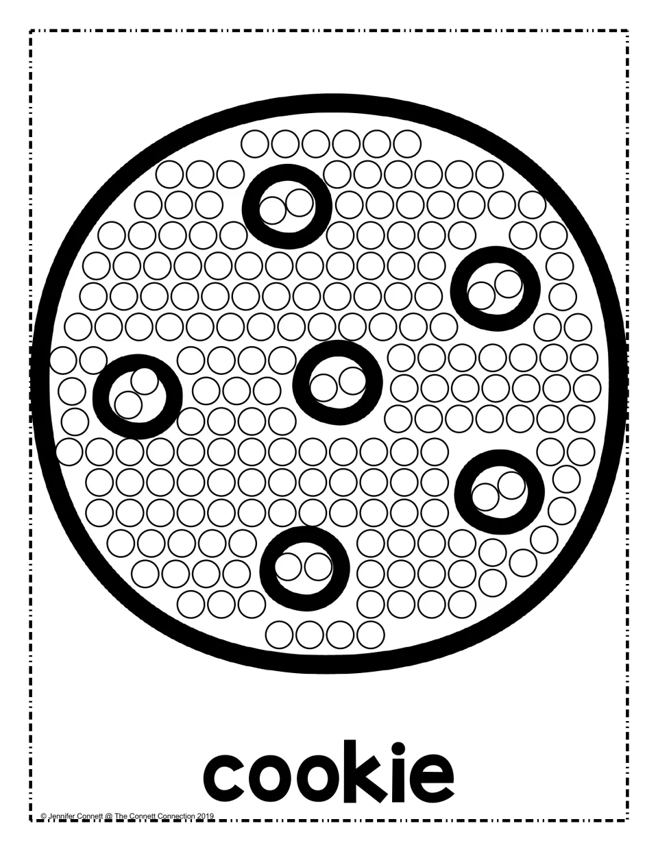 Cookie dot painting: students stamp every circle across a round cookie, including inside its six chocolate chips