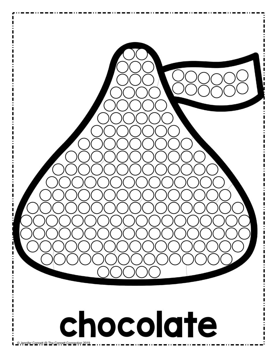 Chocolate dot painting: students dab circles filling a large wrapped chocolate drop shape and its paper tag on top