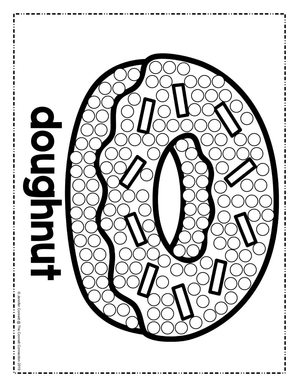 Doughnut dot painting: students stamp circles over the frosted, sprinkle-topped doughnut and its ring, on a sideways page