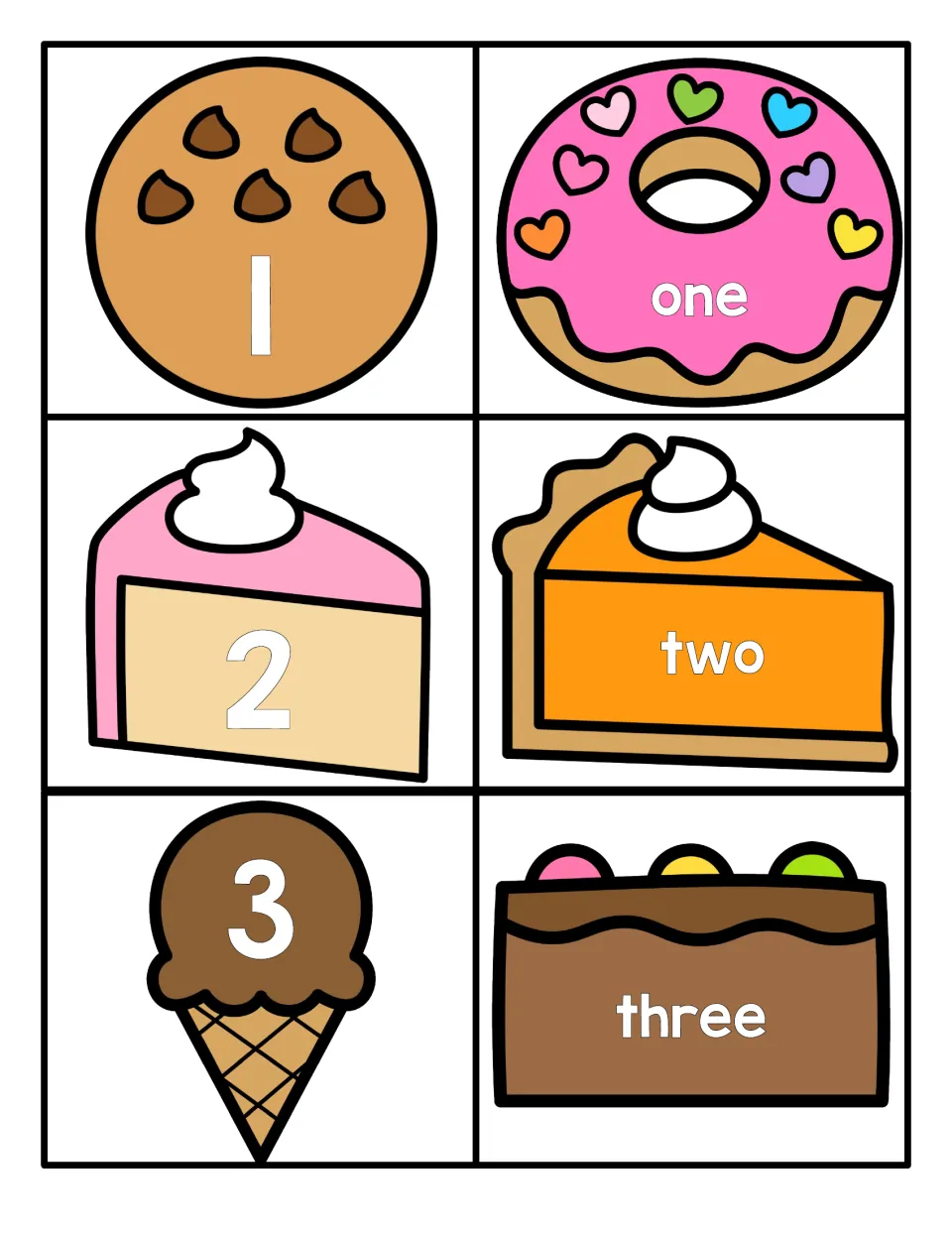 Numbers 1 to 3: numeral cards on a cookie, cake slice and ice cream pair with word cards one, two, three for matching