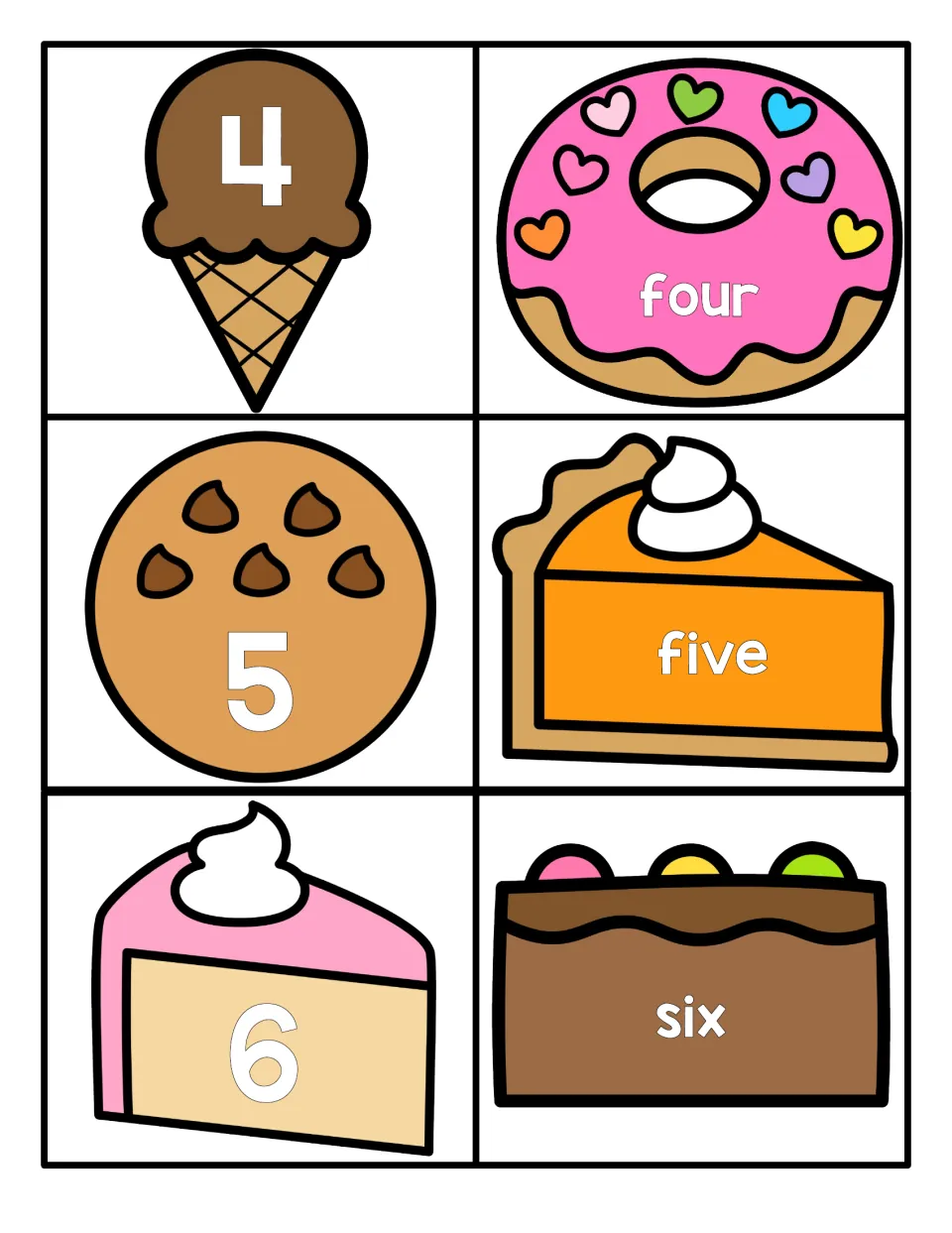 Numbers 4 to 6: numerals on an ice cream, cookie and cake slice pair with the words four, five and six for word matching