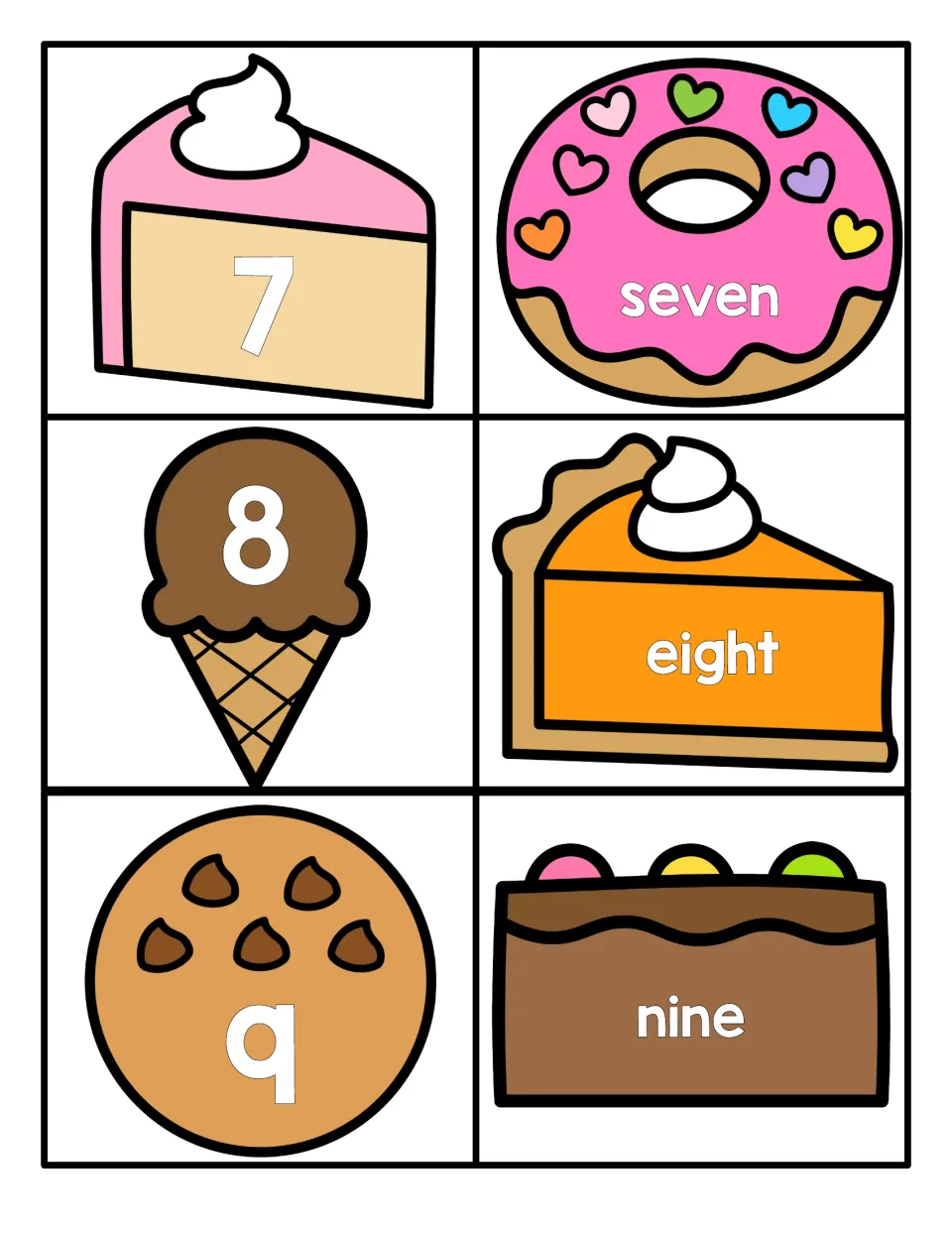 Numbers 7 to 9: numerals on a cake slice, ice cream and cookie pair with dessert cards reading seven, eight and nine