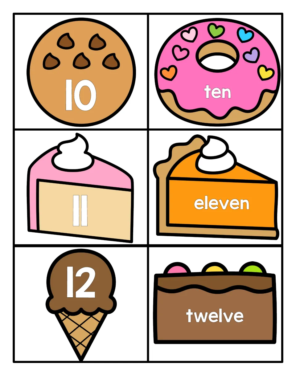 Numbers 10 to 12: a cookie, cake slice and ice cream show 10, 11 and 12 beside dessert cards spelling ten, eleven, twelve