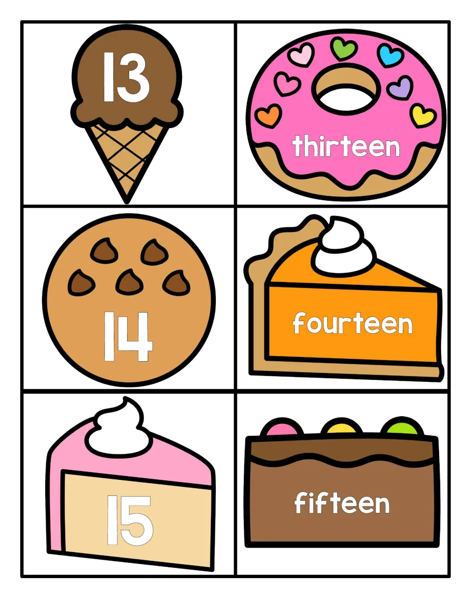 Teen numbers 13 to 15: numeral cards on ice cream, cookie and cake match the number words thirteen, fourteen and fifteen