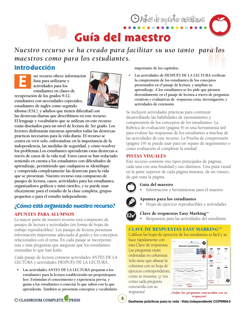 Teacher guide (Guía del maestro) introduction explaining before- and after-reading activities and the answer key