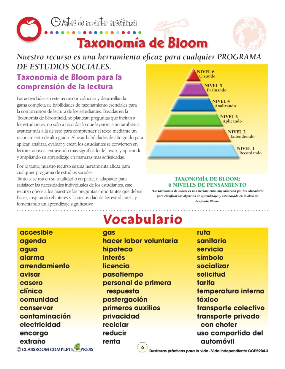 Bloom's Taxonomy six-level pyramid and vocabulary list: tóxico (toxic), primeros auxilios (first aid) and more