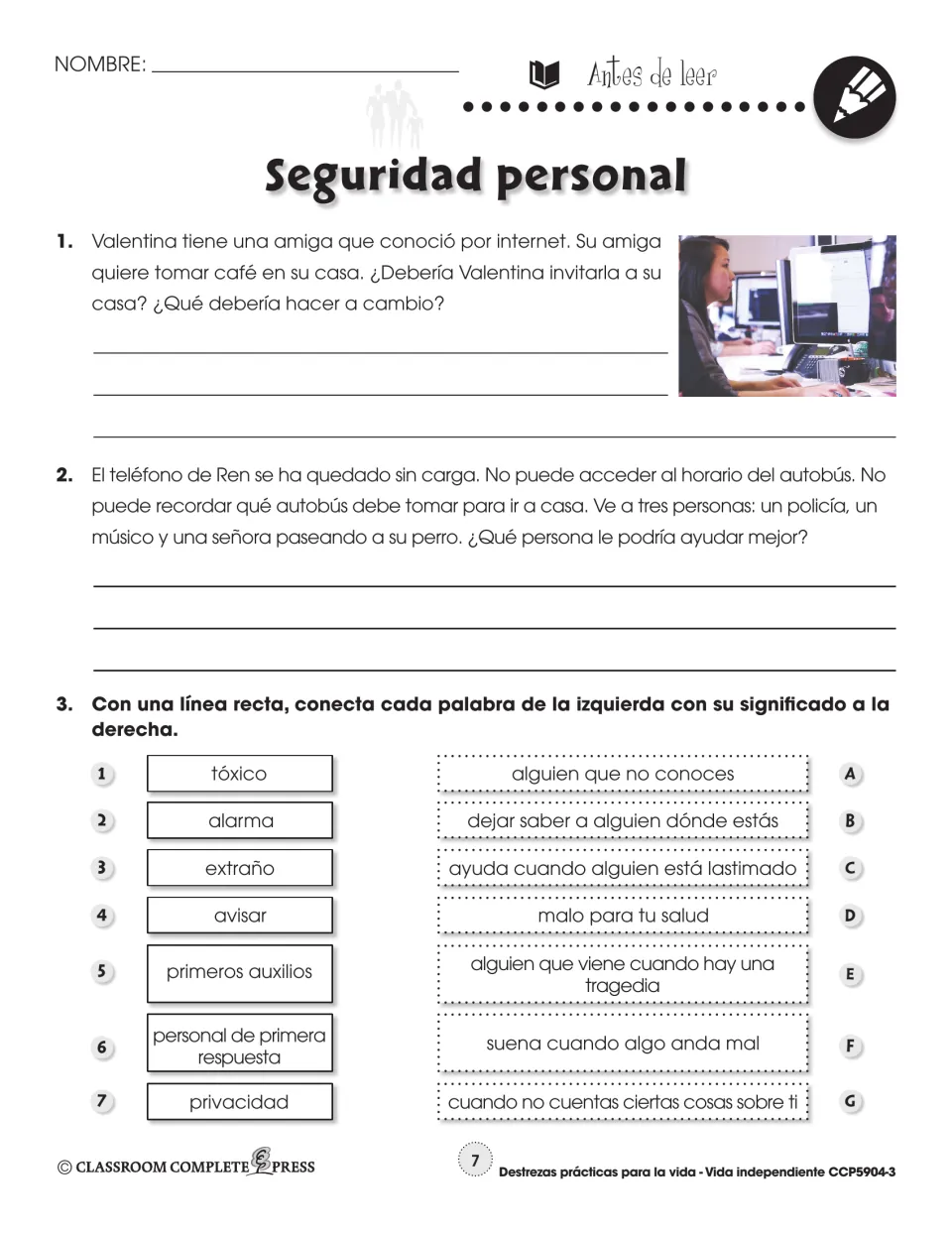 Before-reading page: Valentina's online friend, Ren's dead phone, and 7 words like extraño (stranger) to match