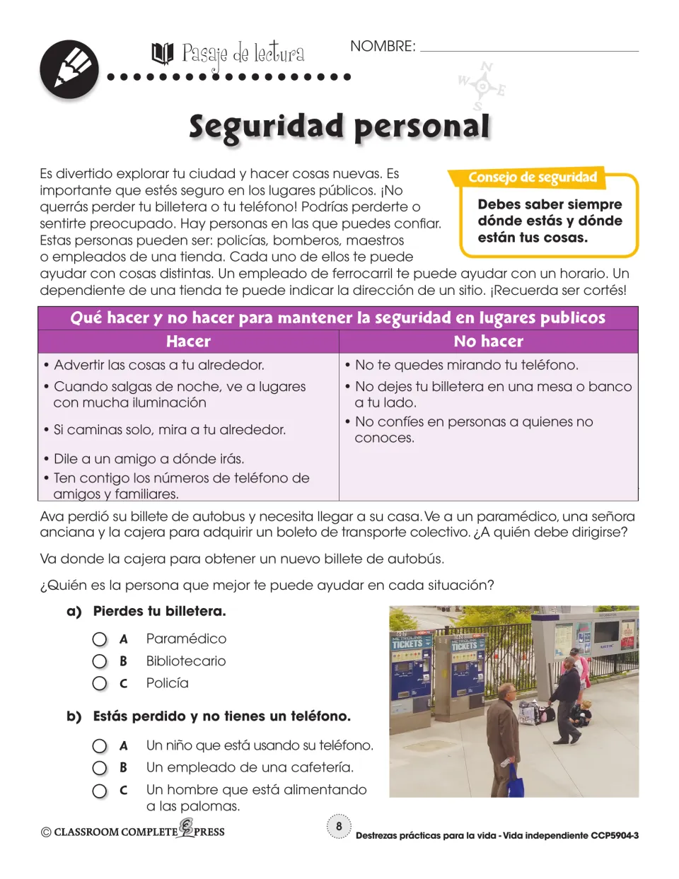 Reading passage part 1: public place safety, do's and don'ts chart, Ava's lost bus ticket, who-can-help questions