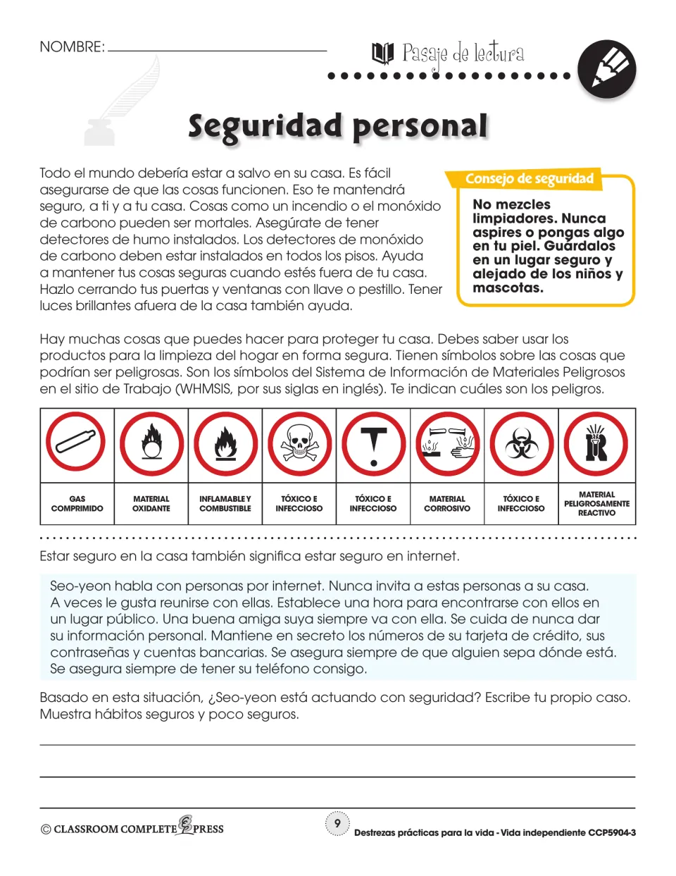 Reading passage part 2: home safety, eight WHMIS hazard symbols, and Seo-yeon meeting online friends in public