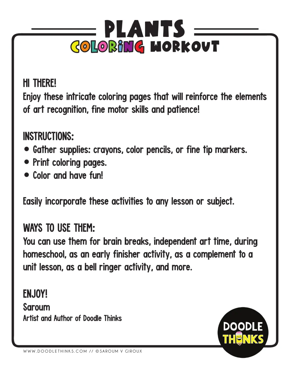 Plants Coloring Workout intro from Doodle Thinks: supply list, print-and-color steps and ideas like brain breaks