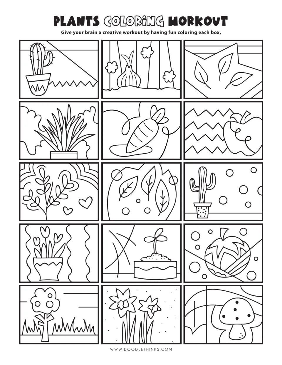 Plants coloring sheet: students color 15 small plant scenes, including cacti, a carrot, an apple, tulips and a mushroom