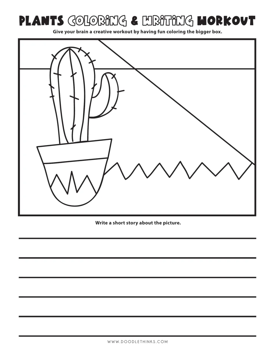 Potted cactus beside a zigzag edge: students color the large drawing, then write a short story about the picture