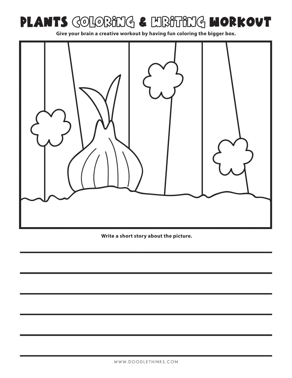Sprouting onion bulb in soil with flower shapes: students color the scene, then write a short story about it