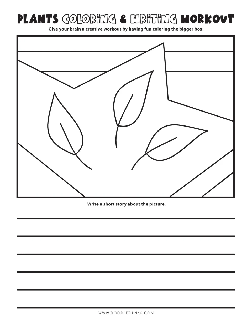 Three leaves on angled geometric shapes: students color the drawing, then write a short story inspired by it