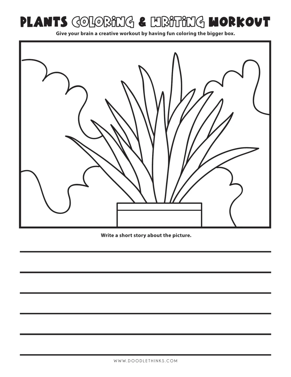 Tall leafy houseplant in a pot with cloud shapes behind: students color it and write a short story about the plant