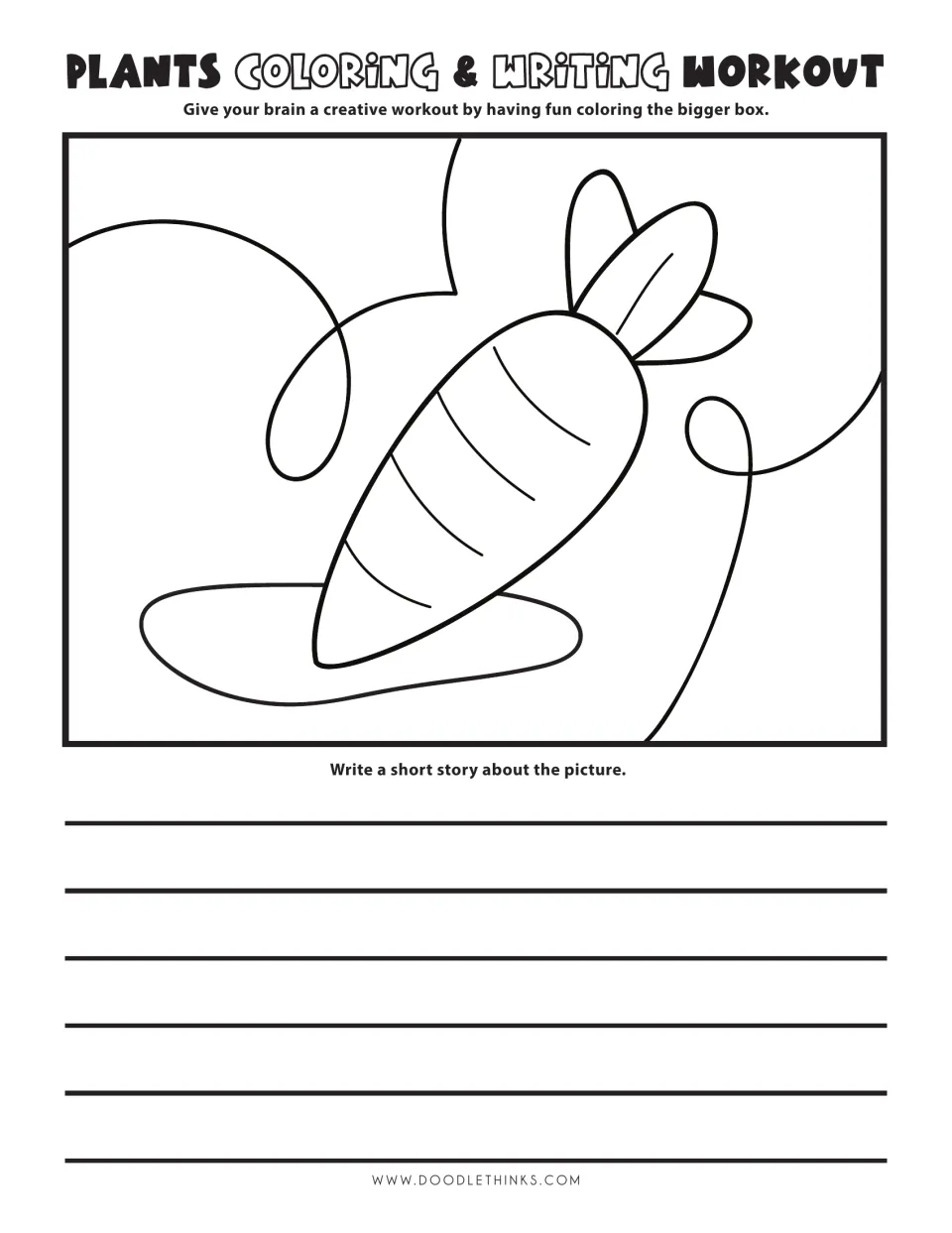 Carrot with leafy top amid swirls: students color the scene, then write a short story about the carrot
