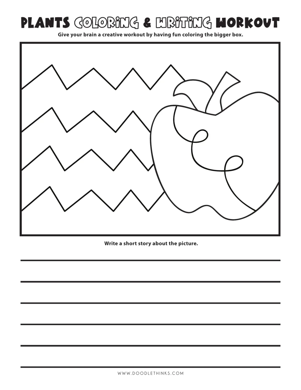 Apple with a stem and leaf beside zigzag stripes: students color the apple scene and write a short story