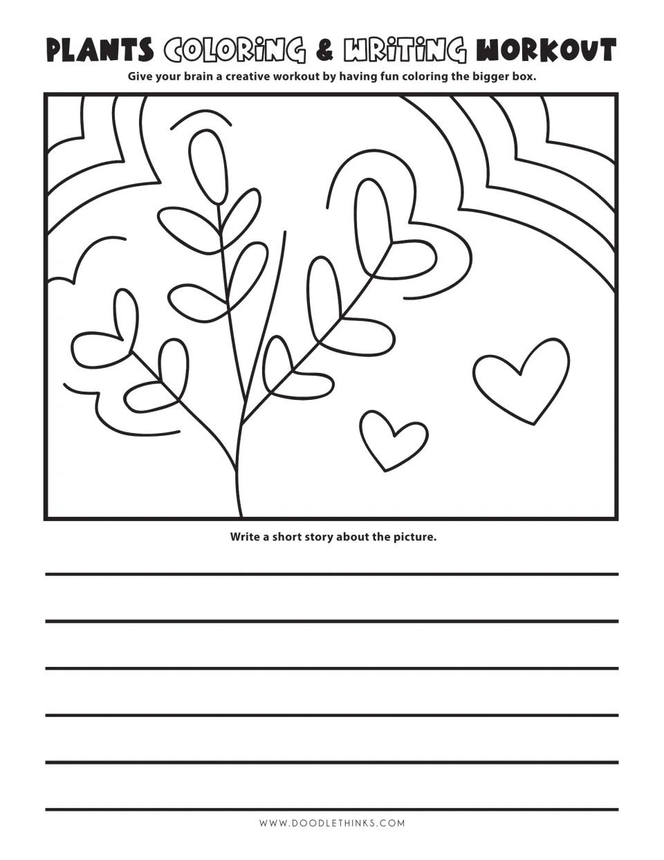 Leafy branch with heart shapes under curving arcs: students color the picture, then write a short story about it