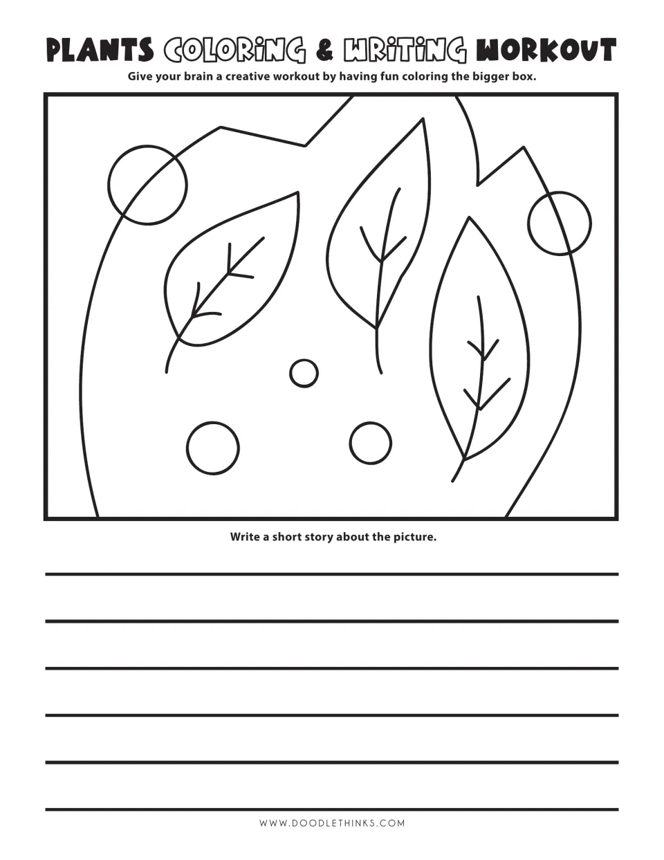 Three veined leaves with circles on an abstract shape: students color the design and write a short story about it