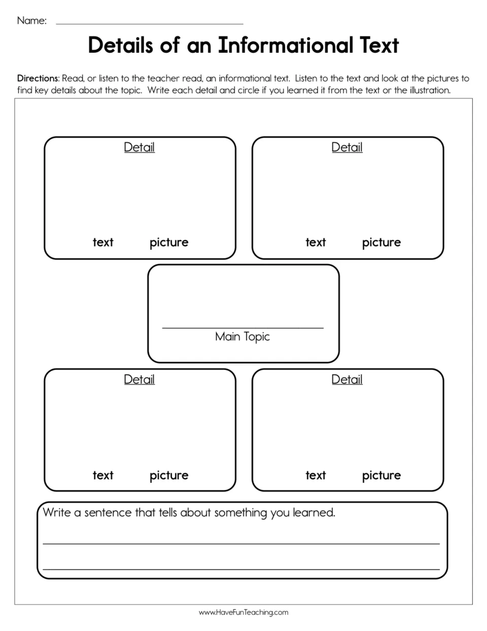 Key details organizer: students note a main topic and 4 details, circle text or picture, then write what they learned