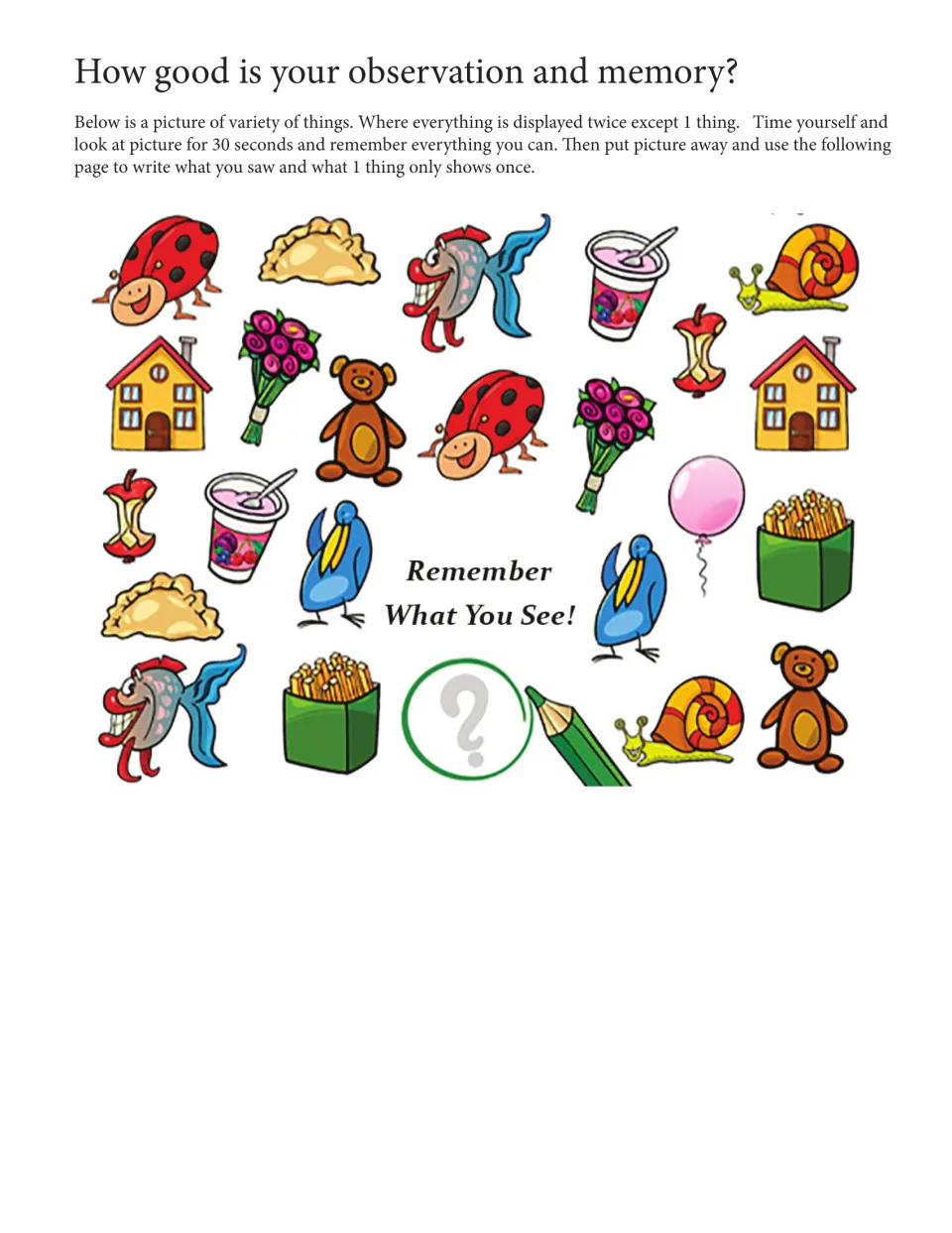 Memory challenge: students study paired pictures for 30 seconds, like ladybugs and snails, to find the one item shown once