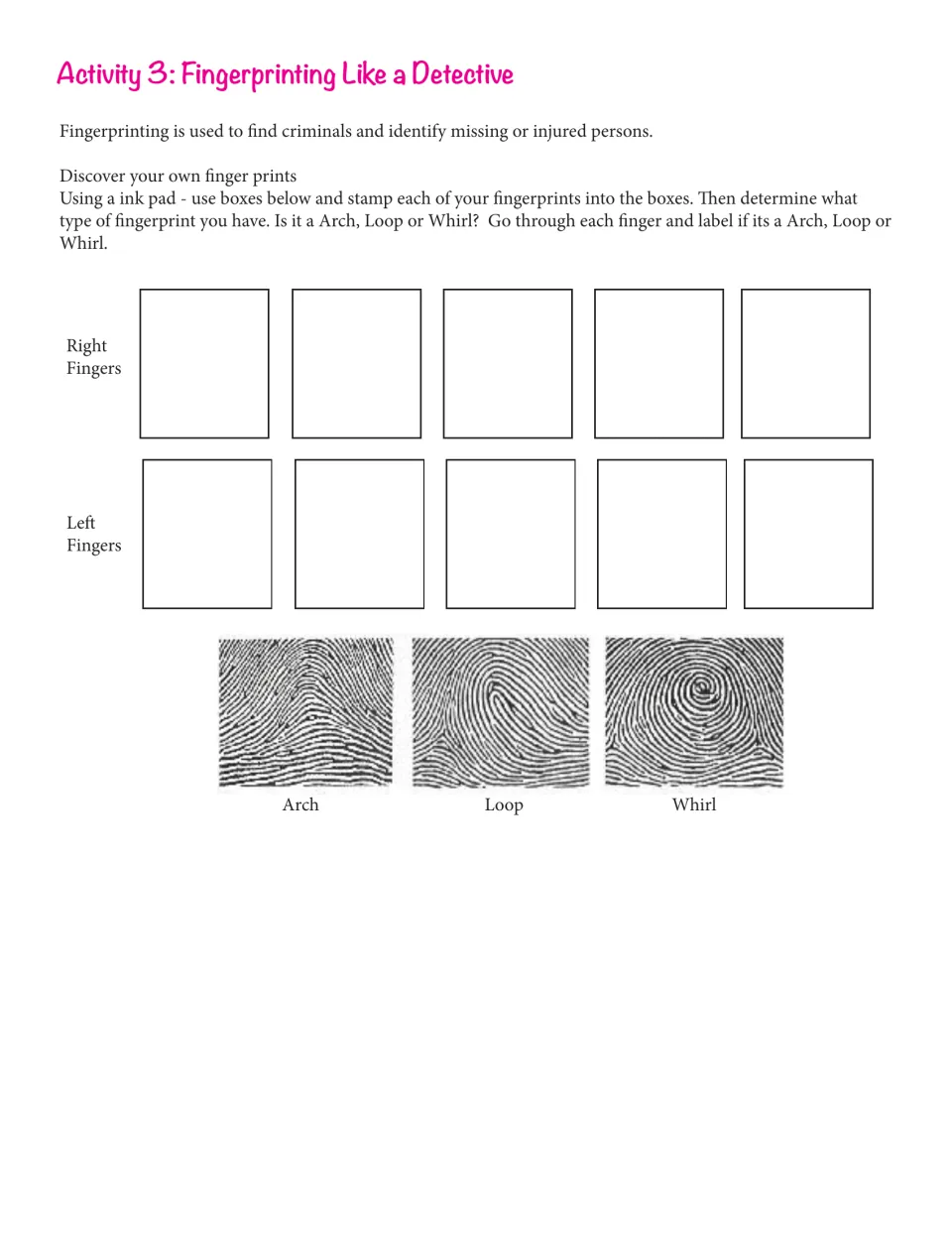 Fingerprinting: students stamp all ten fingerprints, then label each as an arch, loop or whirl using sample prints