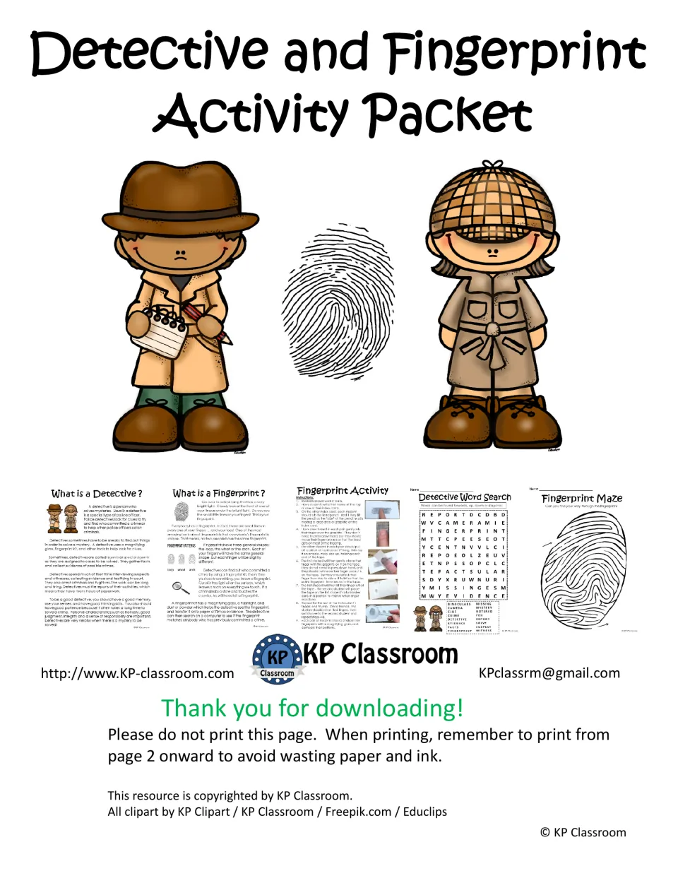 Detective and fingerprint activity packet cover with two cartoon detectives, a fingerprint and previews of five inside pages
