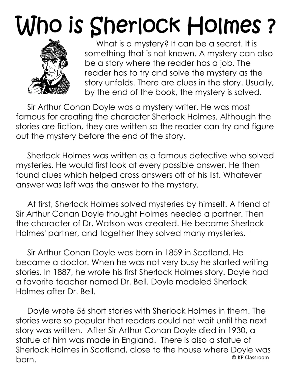 Who is Sherlock Holmes? passage on mysteries, Arthur Conan Doyle, Sherlock Holmes and Dr. Watson, with dates and facts
