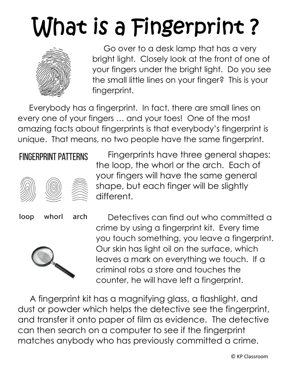What is a Fingerprint? passage on unique fingerprints, the loop, whorl and arch patterns, and how fingerprint kits work