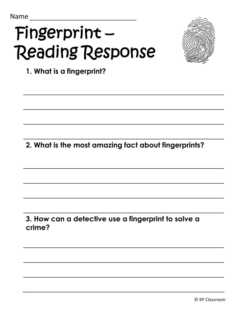 Fingerprint reading response: students write what a fingerprint is, its most amazing fact and how detectives use one