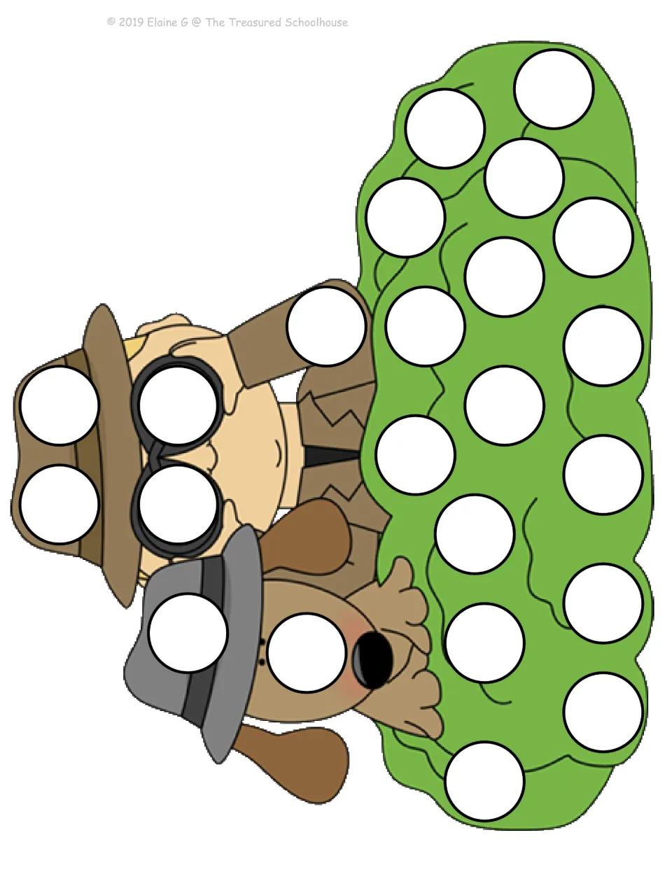 Color dot-stamping mat showing a detective using binoculars beside a dog, both hiding behind a green bush