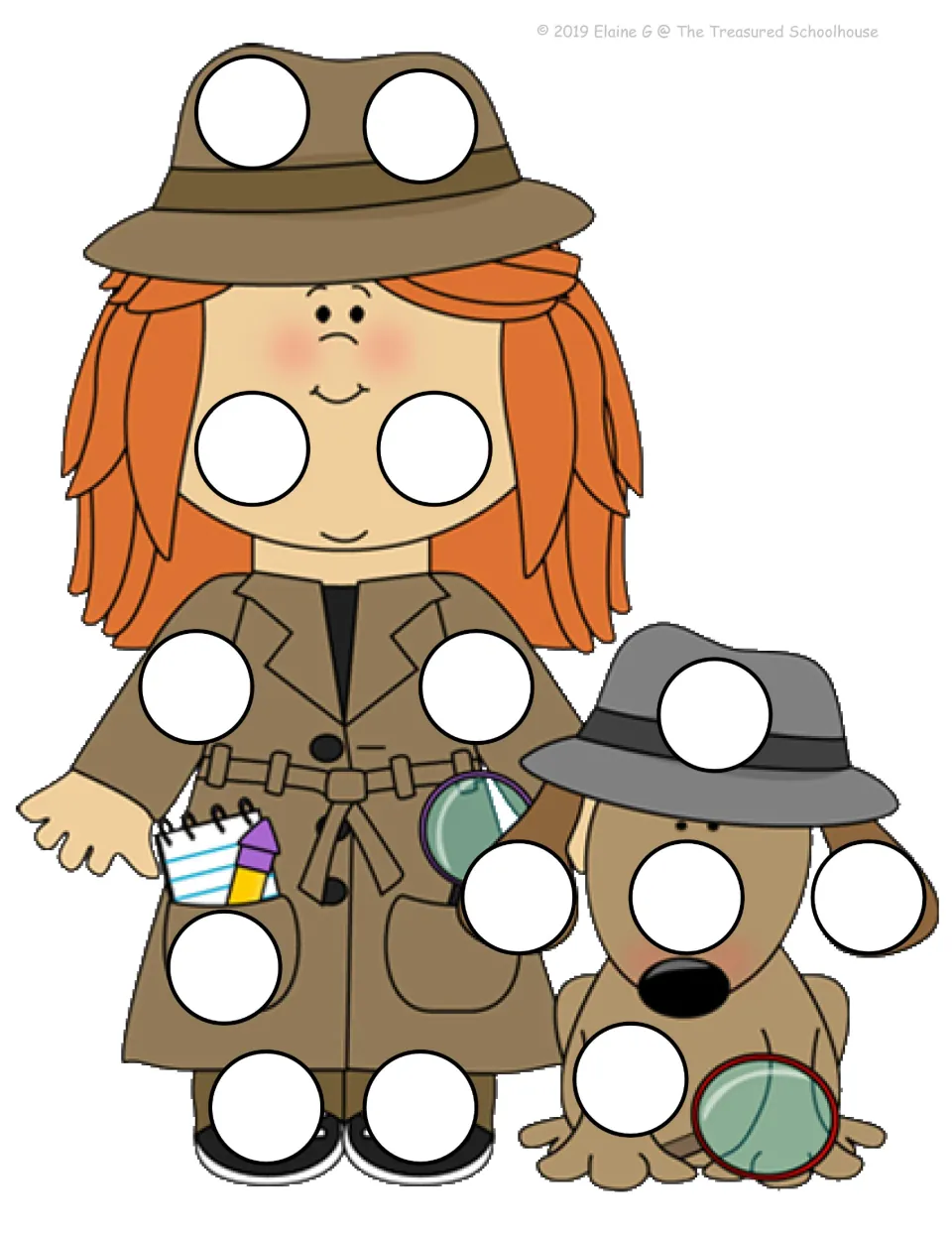 Color dot-stamping mat featuring a red-haired detective and a dog in a gray hat, both carrying magnifying glasses