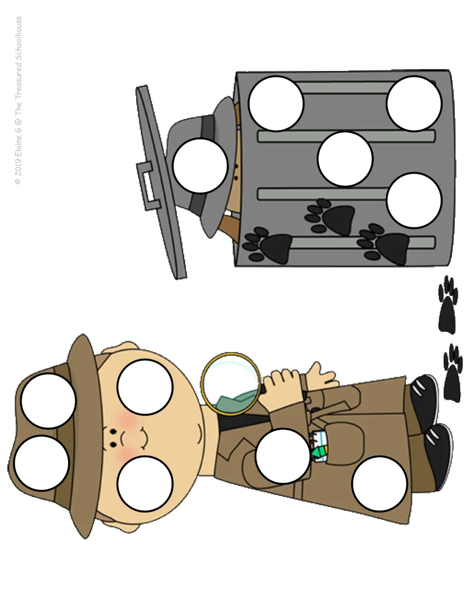 Color dot-stamping mat showing a detective holding a magnifying glass beside paw prints and a dog in a trash can