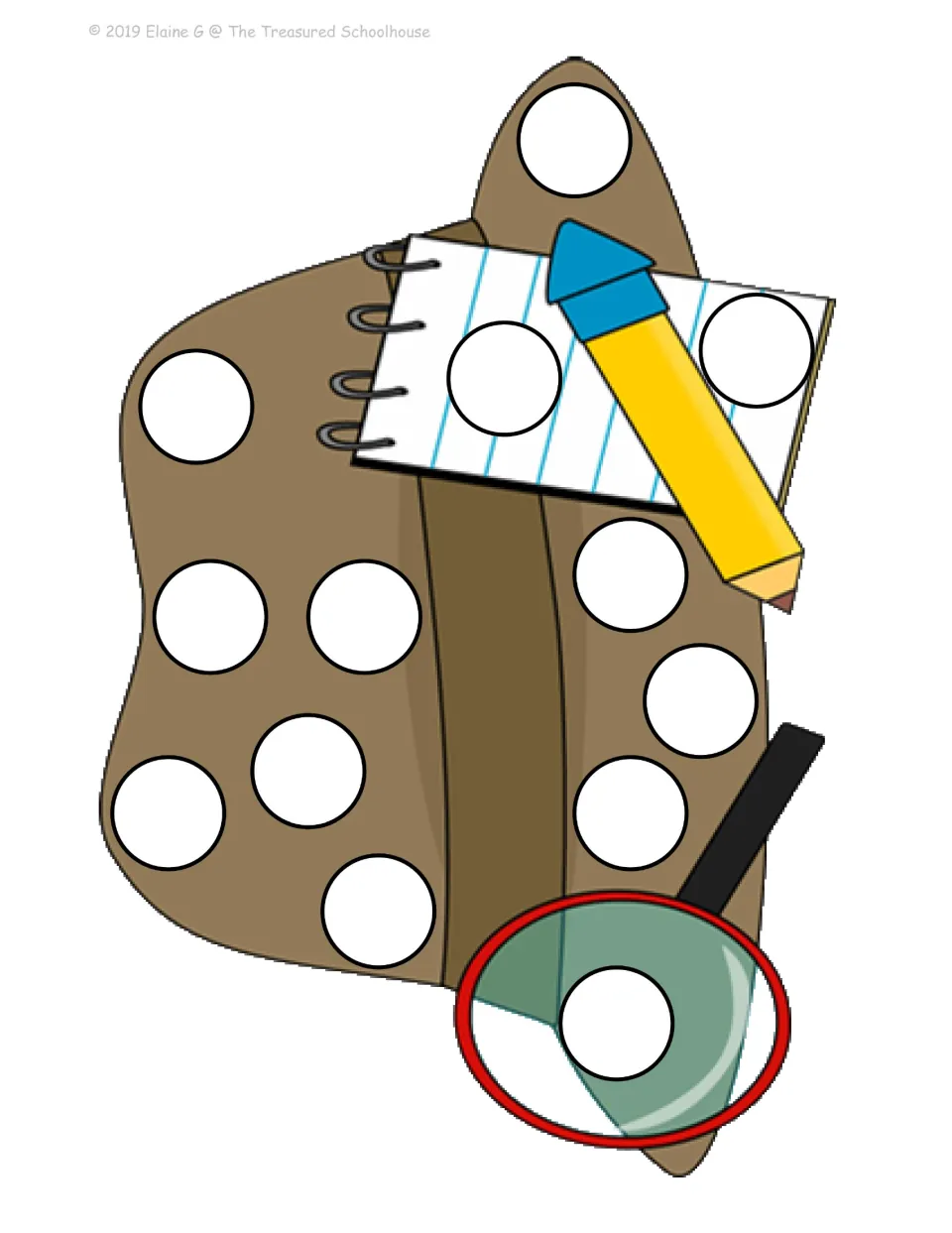Color dot-stamping mat featuring a brown detective hat, a notebook, a yellow pencil, and a red magnifying glass