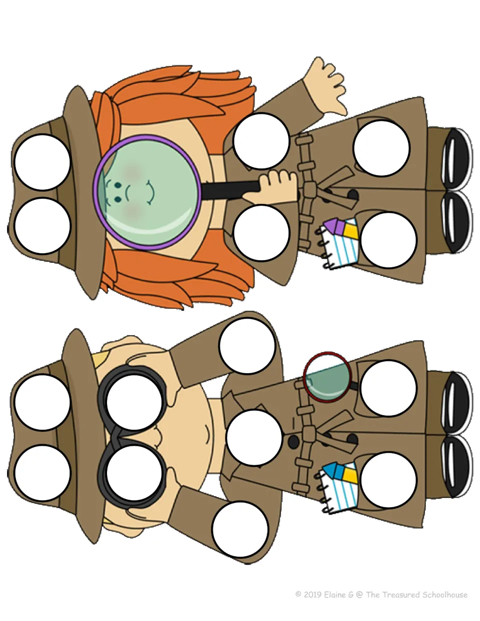 Color dot-stamping mat pairing a detective using binoculars with a red-haired detective holding a magnifying glass
