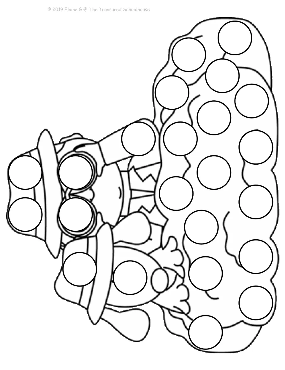 Black-and-white dot-stamping mat showing a detective using binoculars and a dog hiding together behind a bush