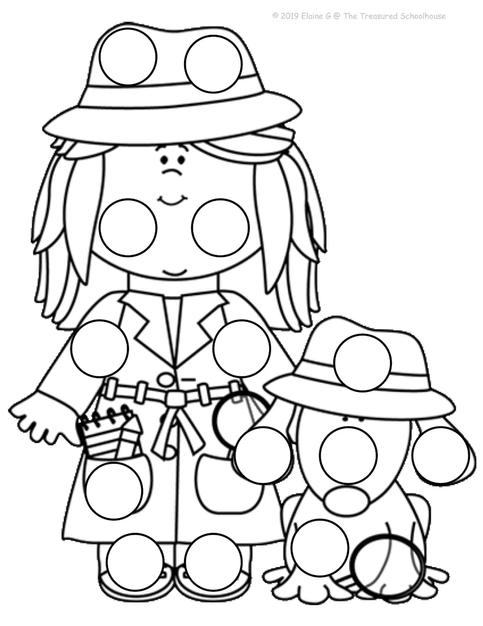 Black-and-white dot-stamping mat featuring a long-haired detective beside a dog, both holding magnifying glasses
