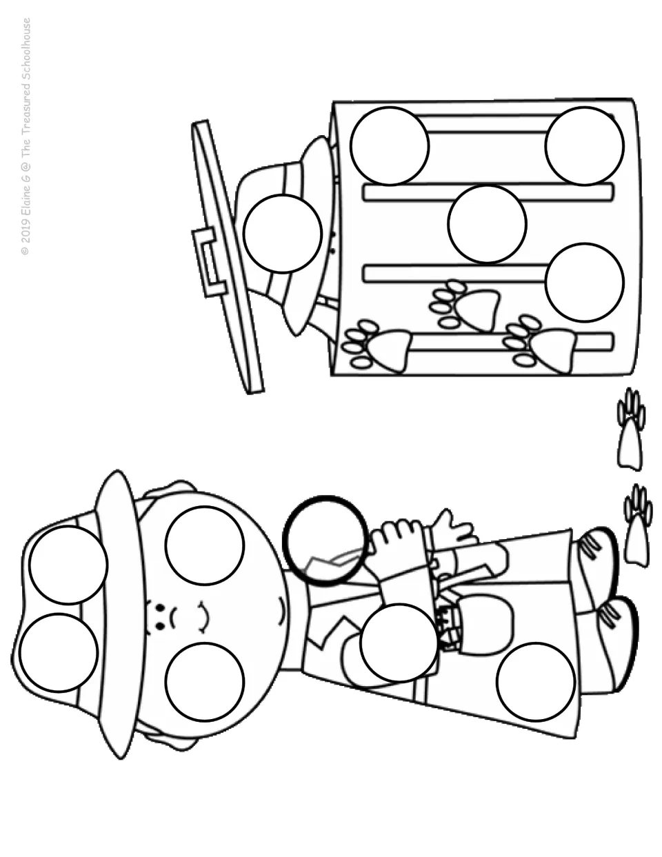 Black-and-white dot-stamping mat showing a detective with a magnifying glass, paw prints, and a dog in a trash can