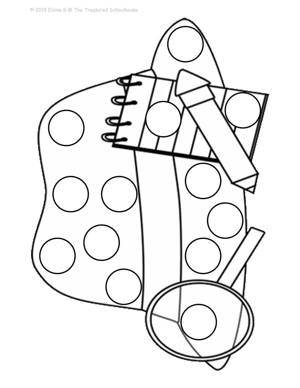 Black-and-white dot-stamping mat featuring a detective hat, a notebook, a pencil, and a magnifying glass