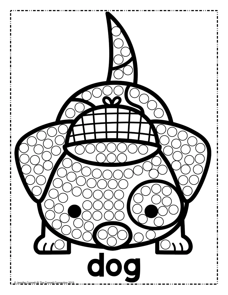 Dog dot painting: students dab a dot marker into each circle on a puppy wearing a detective hat, labeled with the word dog