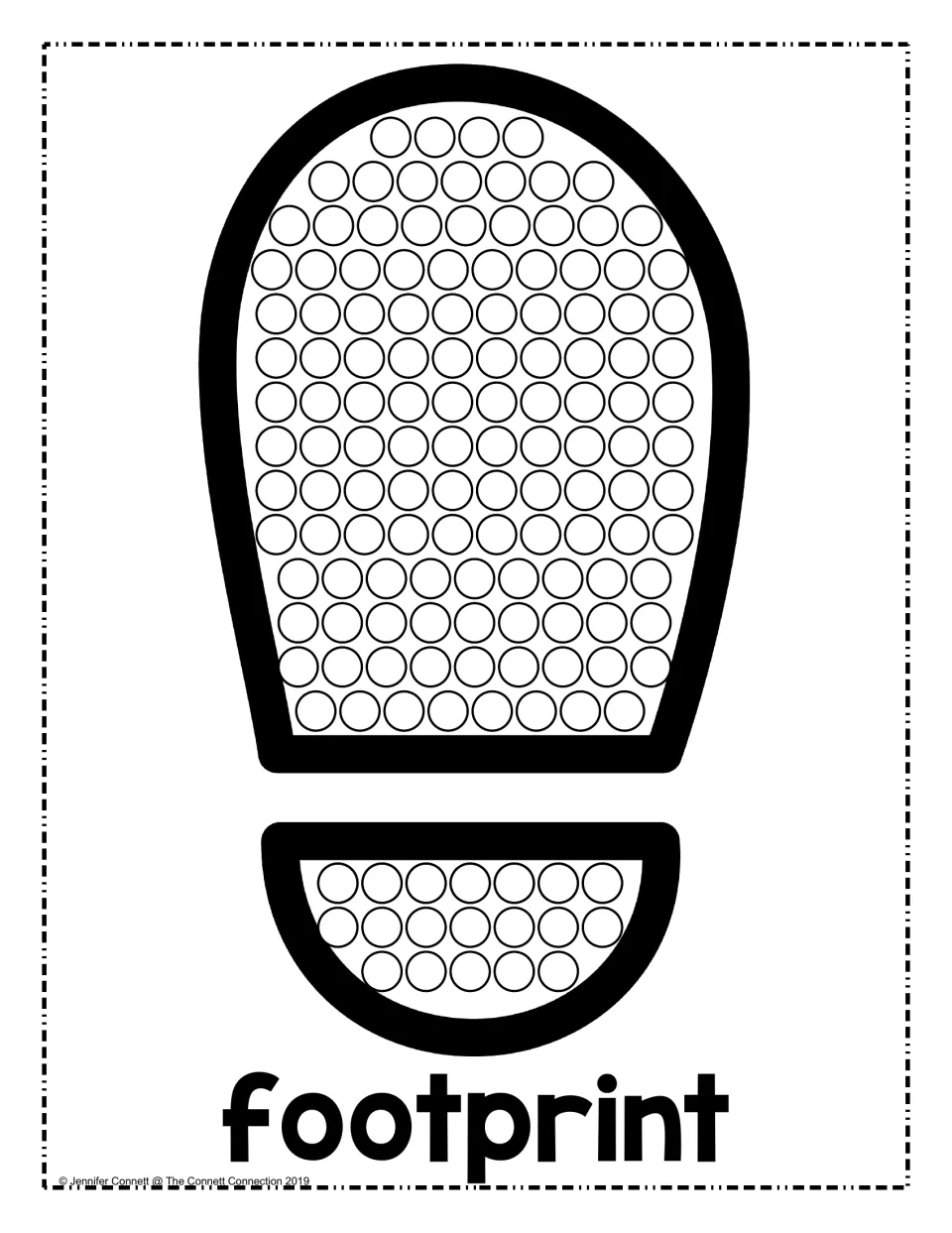 Footprint dot painting: students fill rows of circles inside a large shoe print outline, with the word footprint below