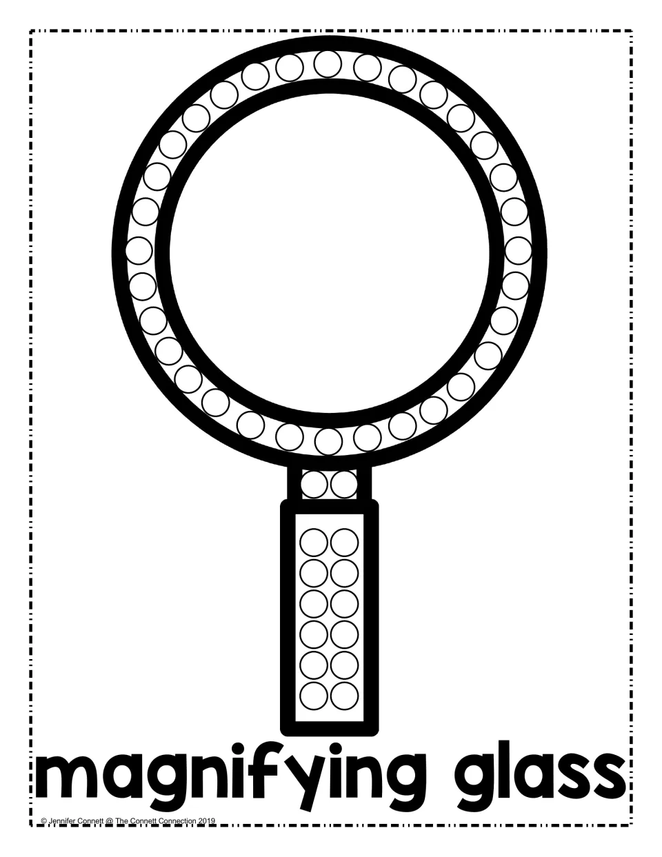 Magnifying glass dot art: students dot the circles around the round lens and along the handle, labeled magnifying glass