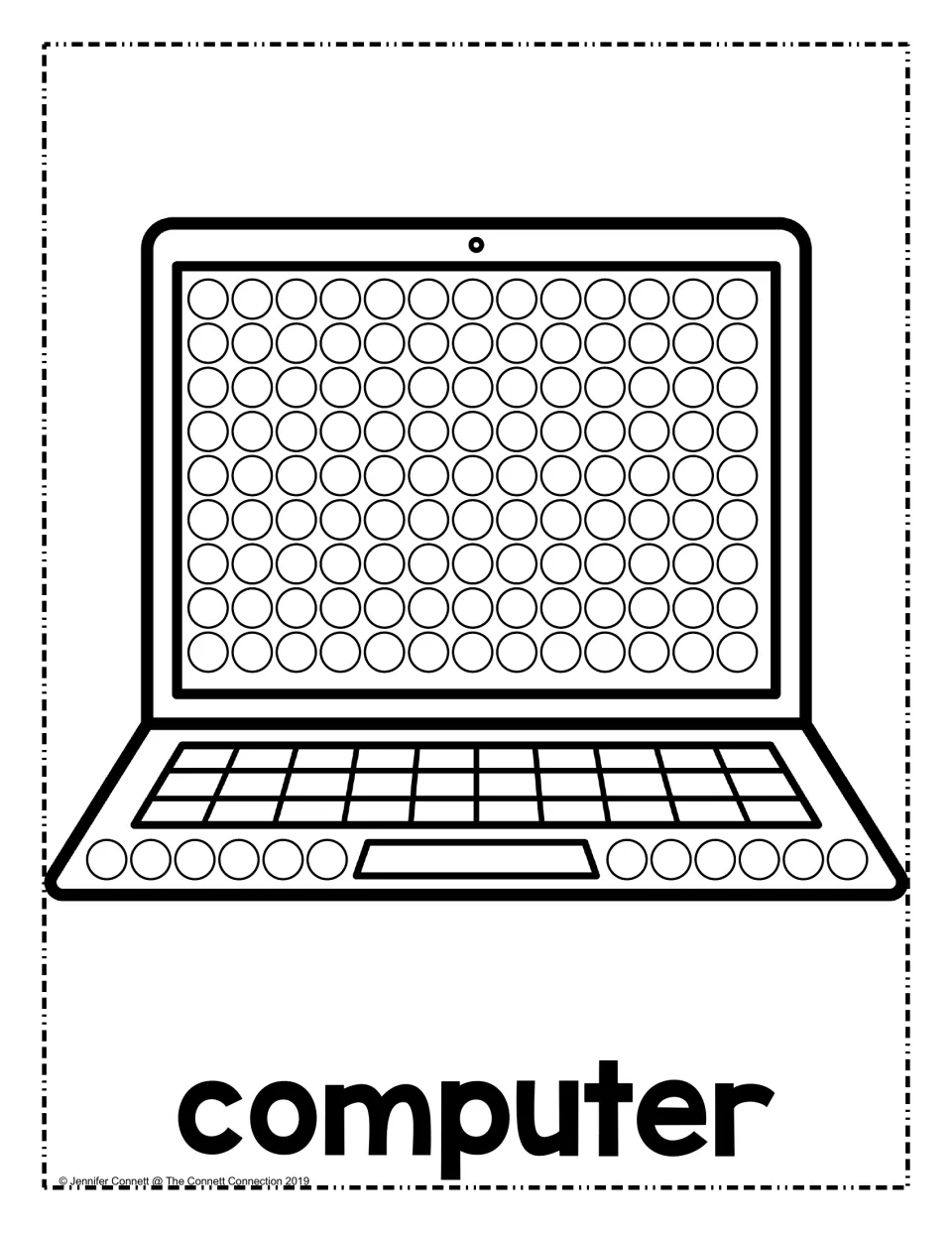Computer dot painting: students stamp a dot in each circle filling a laptop screen and keyboard edge, with the word computer