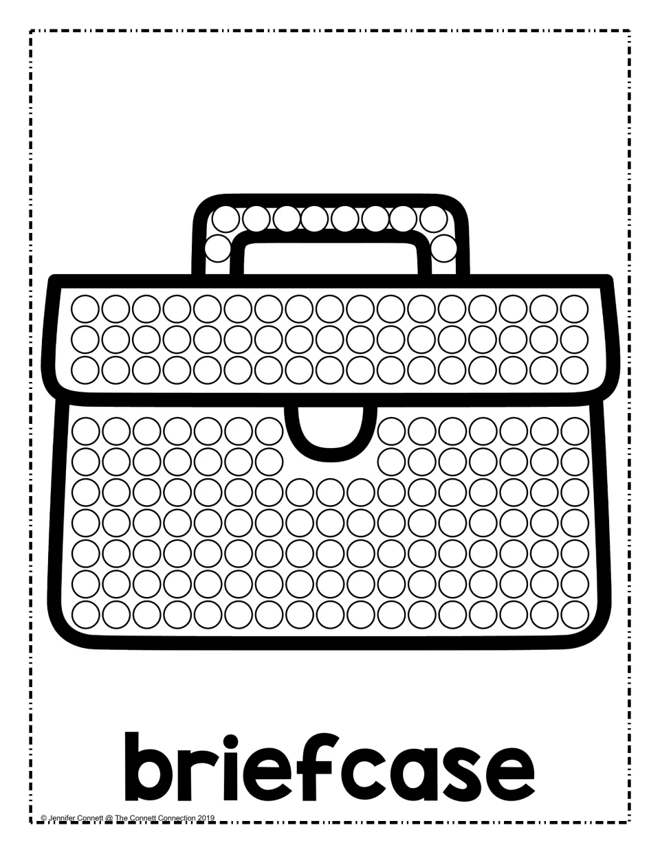 Briefcase dot painting: students fill circles on the handle, flap and body of a briefcase, with the word briefcase below
