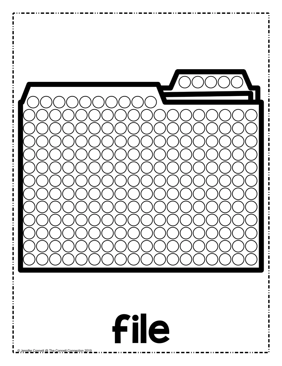 File folder dot painting: students dab dots into the many circles covering a tabbed folder, labeled with the word file