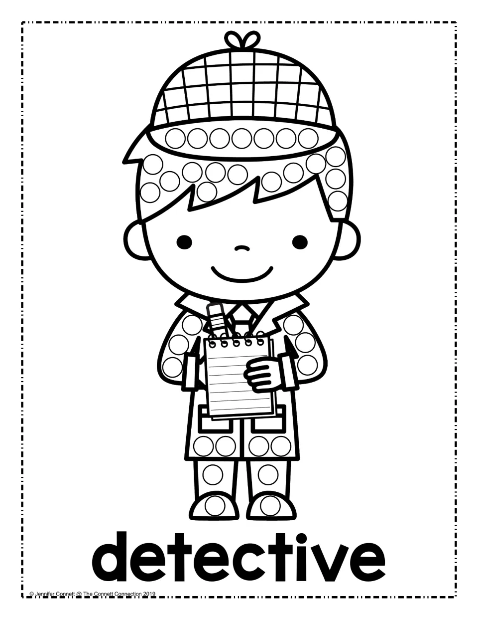 Detective dot painting: students dot circles on the hair, coat and legs of a child detective holding a notepad and pencil
