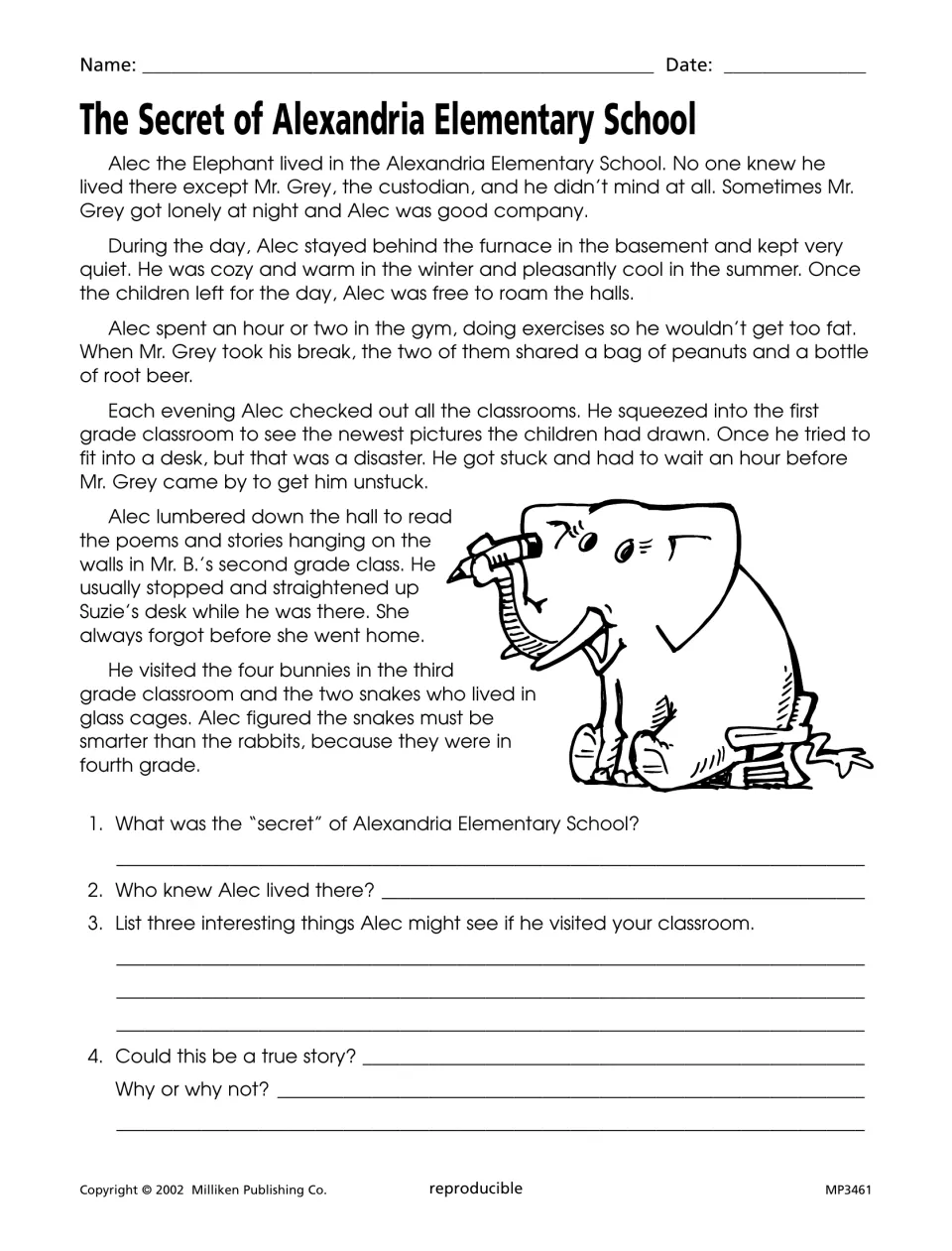 The Secret of Alexandria Elementary School begins with Alec the elephant’s hidden life and four questions