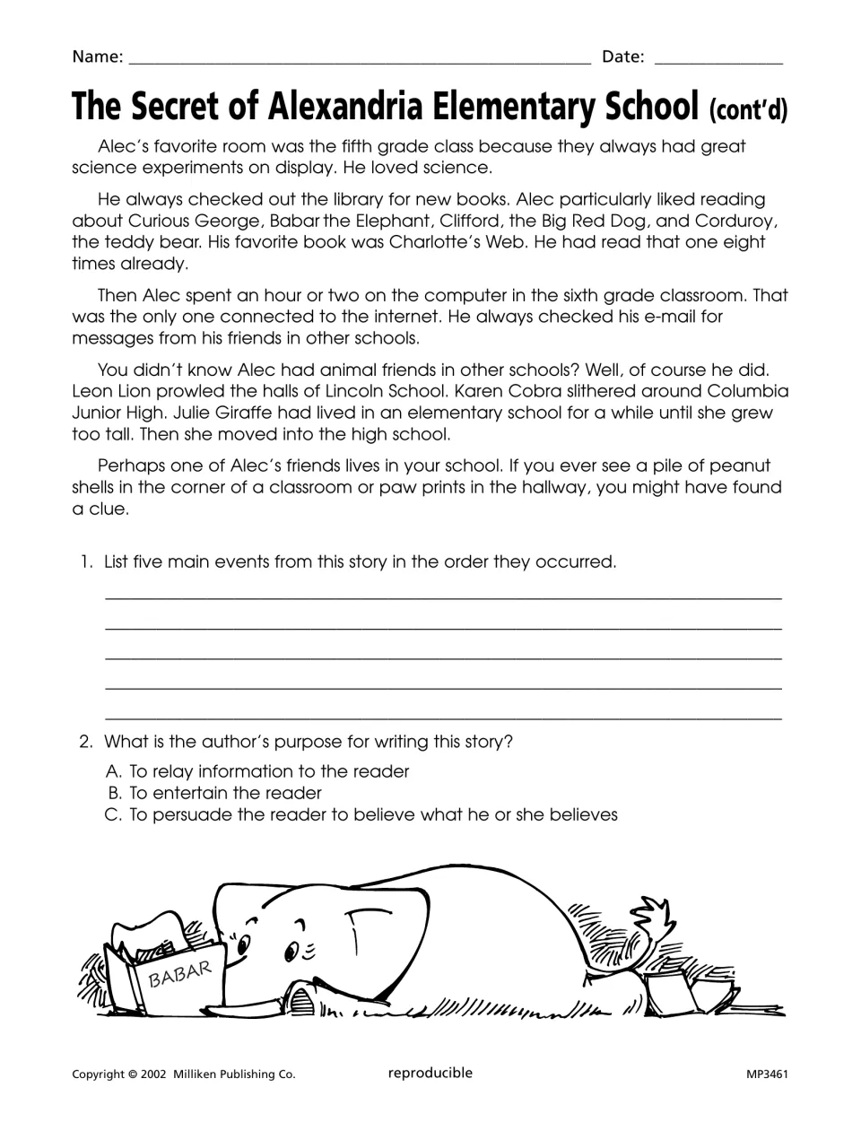 Alec’s school story concludes with library visits and animal friends, plus sequencing and author’s purpose