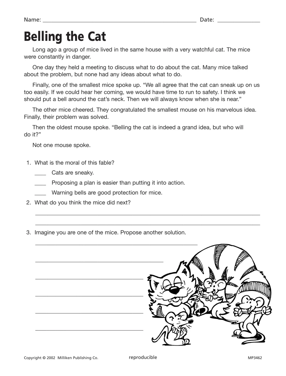 Belling the Cat fable and questions on its moral, what the mice might do next, and another solution